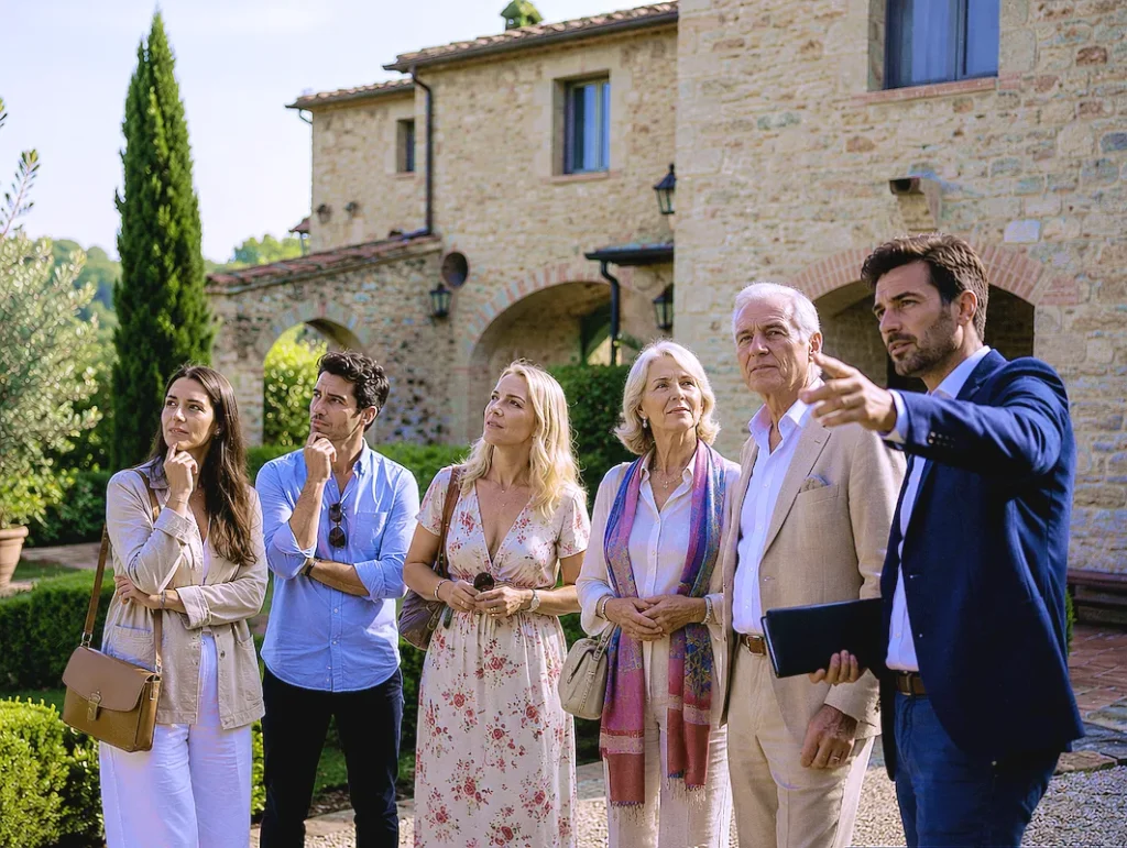Tuscany villas, Umbria properties, farmhouse Italy, Italian country house, international clients, real estate partnership, real estate networking, property tour Italy, real estate investors, overseas buyers, international business meeting, luxury property investment, property presentation, international property market